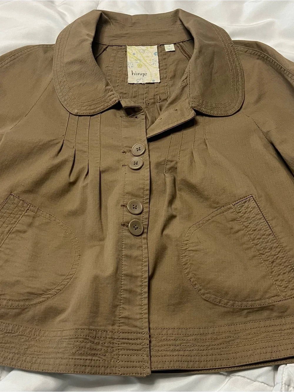 Hinge Nordstrom Khaki Beige Cropped Pleated Jacket 3/4 Sleeve Cotton Blend
